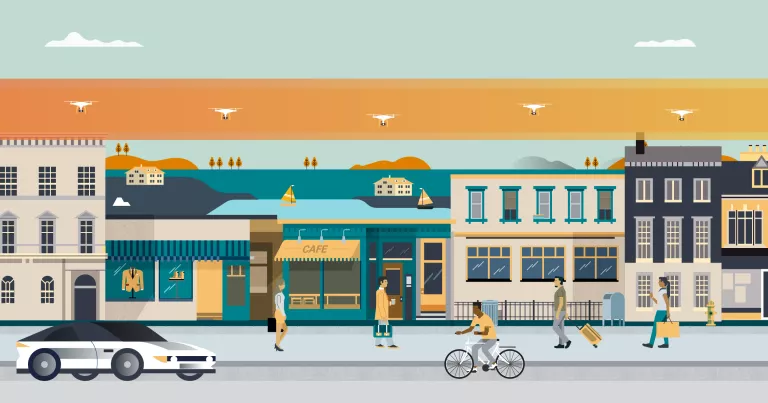 illustration depicting drone highways over a city street