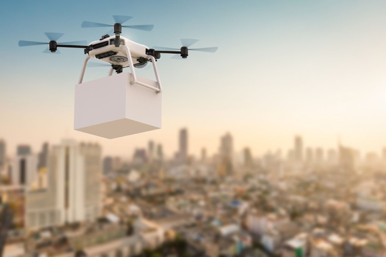 Commercial delivery drone in the city