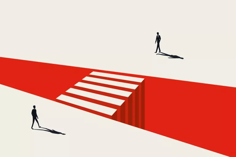 Two people at a divide, one on each side, symbolizing economic consequences of regulations. There's an abstract bridge to symbolize possible solutions to the matter.