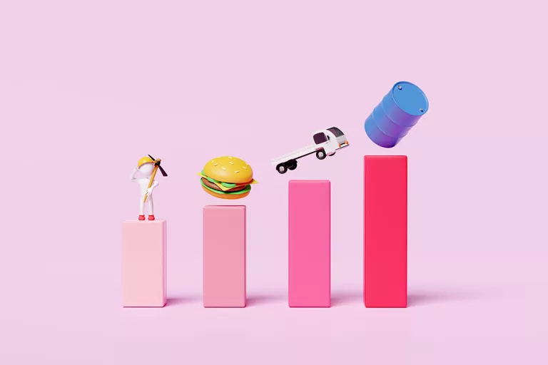 3d illustrated bar chart showing rise in inflation via labor, food and transportation costs