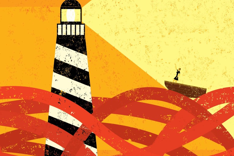 illustration showing lighthouse covered in red tape