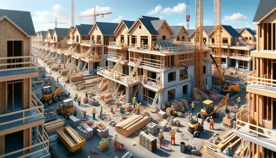 An ultra-realistic image of a construction site where duplexes are being built. The scene is bustling with activity. Construction workers are visible, wearing safety helmets and reflective vests, engaged in various tasks such as laying bricks, installing windows, and operating machinery like cranes and bulldozers. The duplexes are at different stages of construction, some with just the wooden frame up, while others are more complete with exterior walls and roofs. Construction materials, such as wooden plank