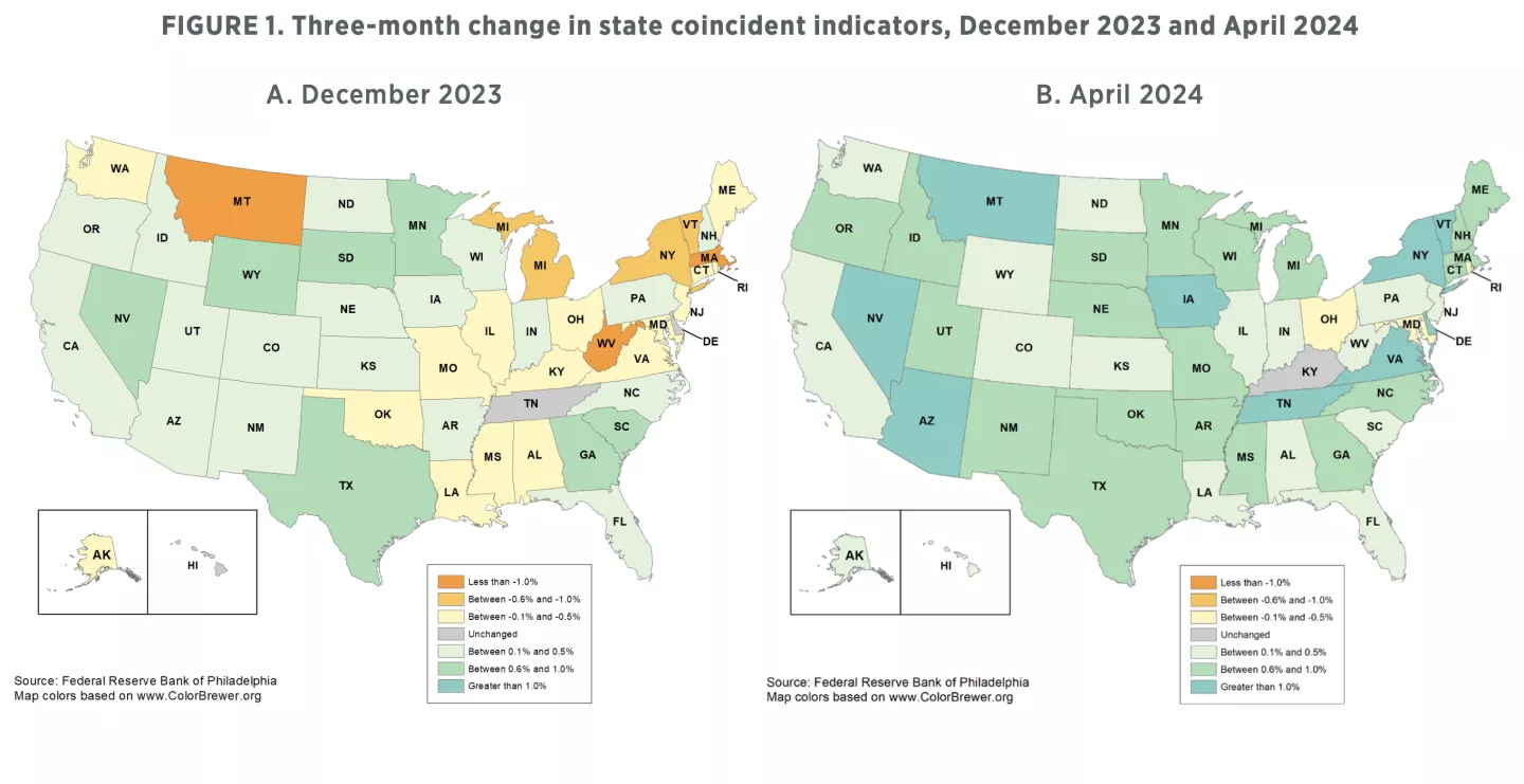 FIGURE 1. Three-month change in state coincident indicators, December 2023 and April 2024