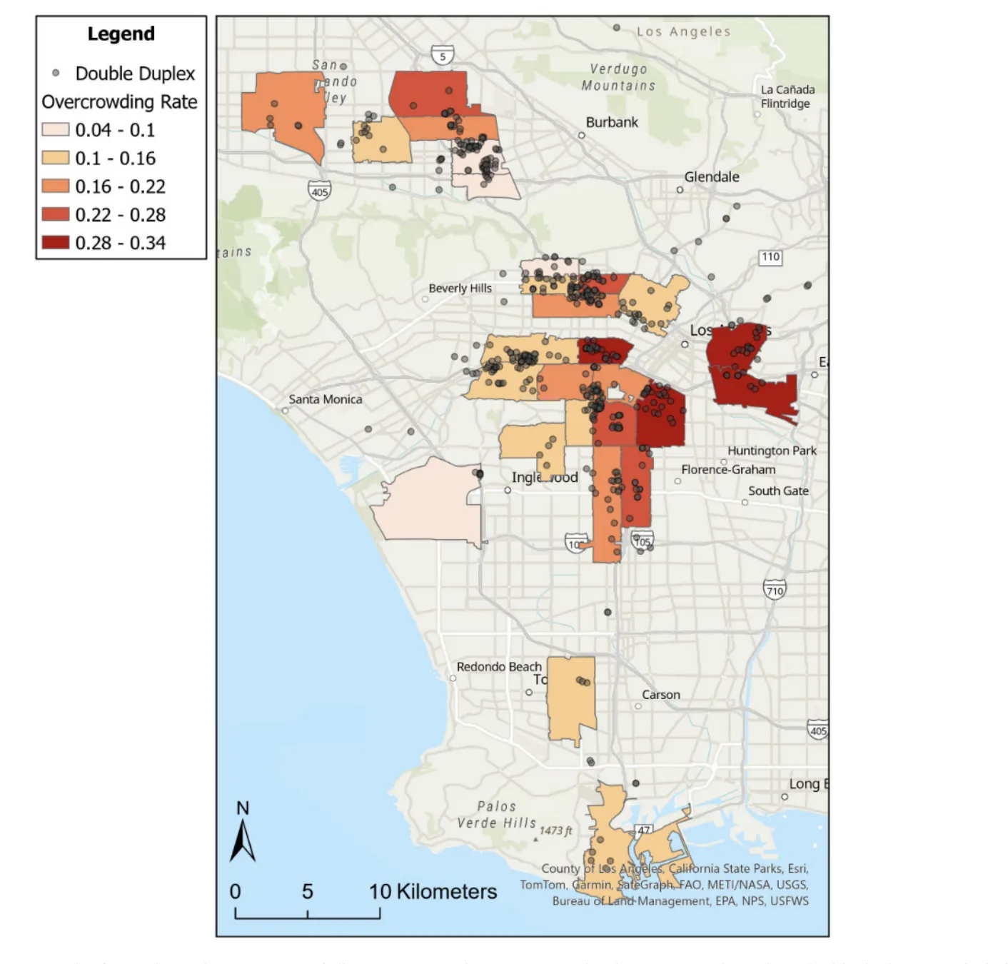FIGURE 2. Most crowded LA ZIP Codes containing at least three double duplexes